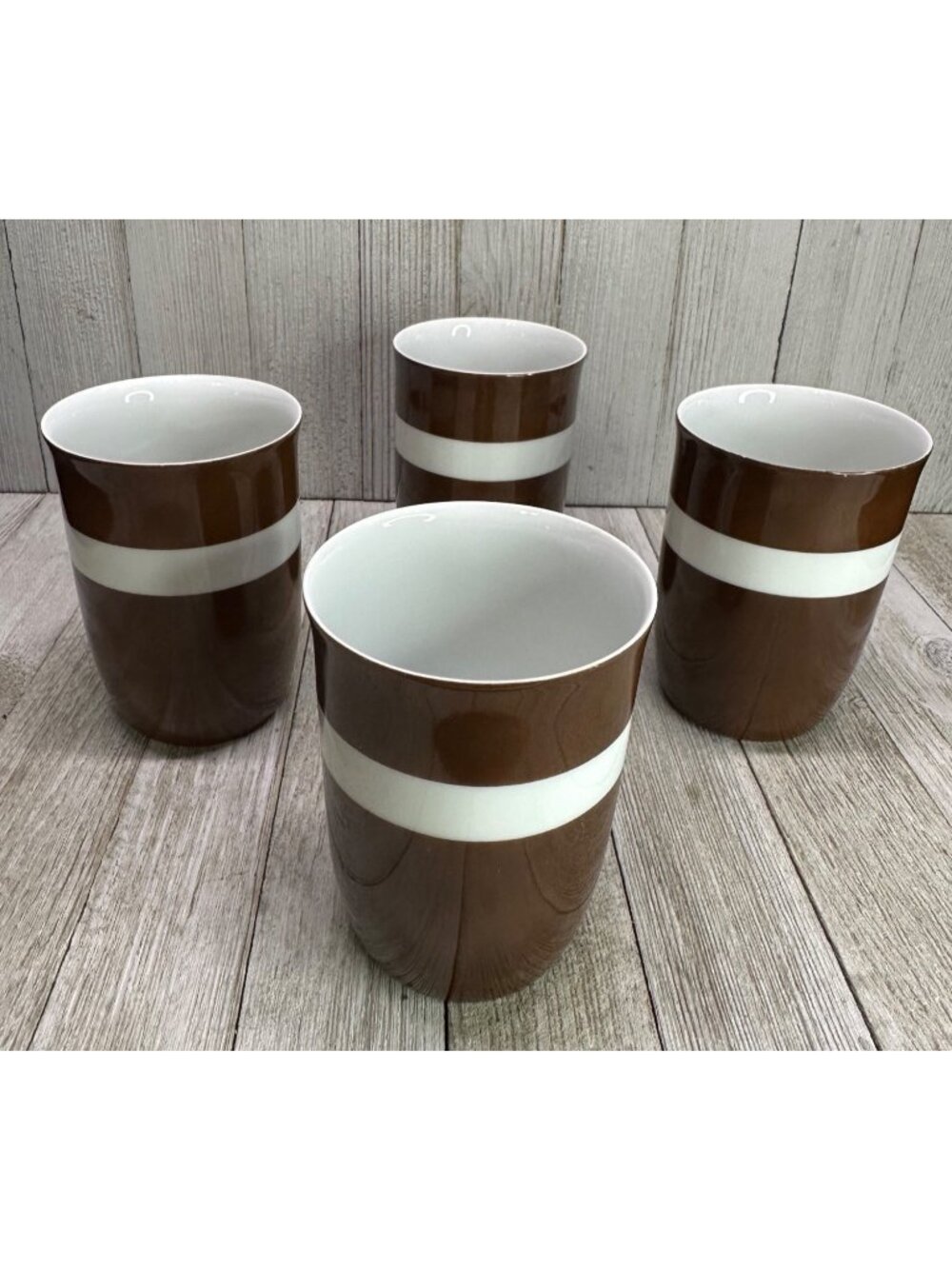 Vtg Fitz And Floyd Brown & White Ceramic Coffee Mug & Cup 4.25" Tall Set of 4